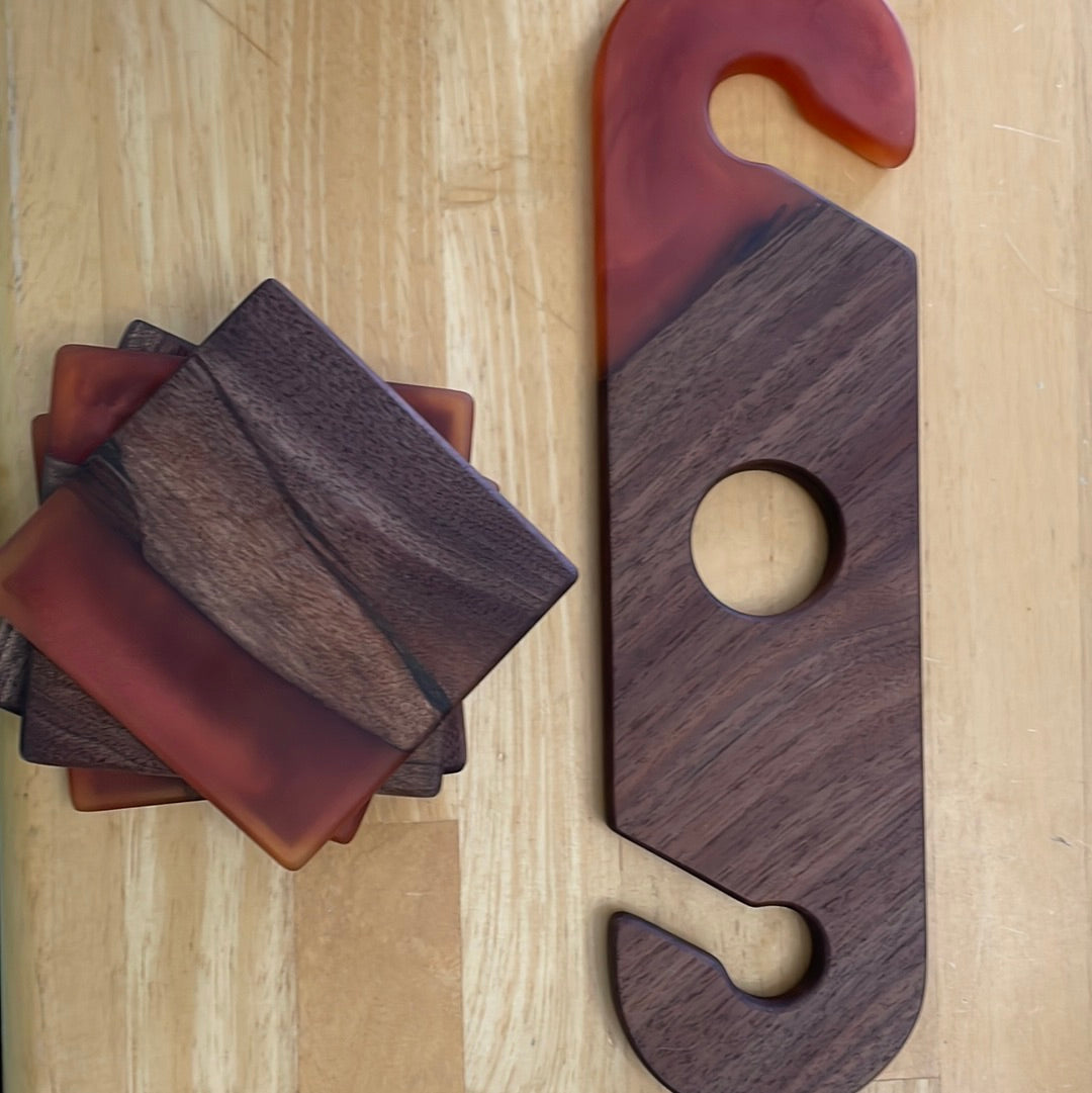 Walnut and red caddy/coasters